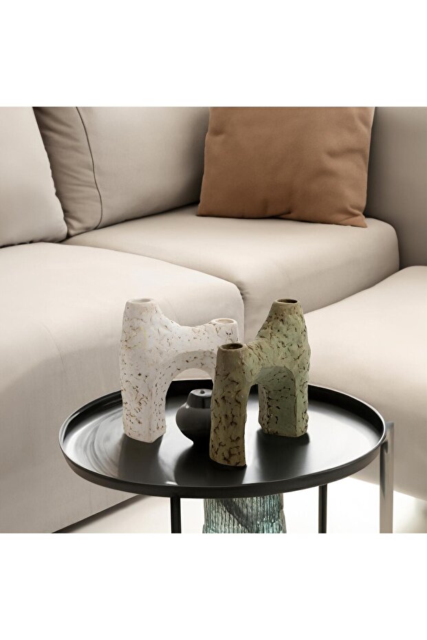 2’li Eski Çağ Taş Görünümlü Şamdan Seti - 1