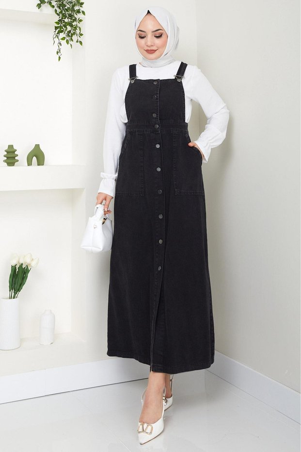 Buttoned Denim Salopet Dress Black Hm22456