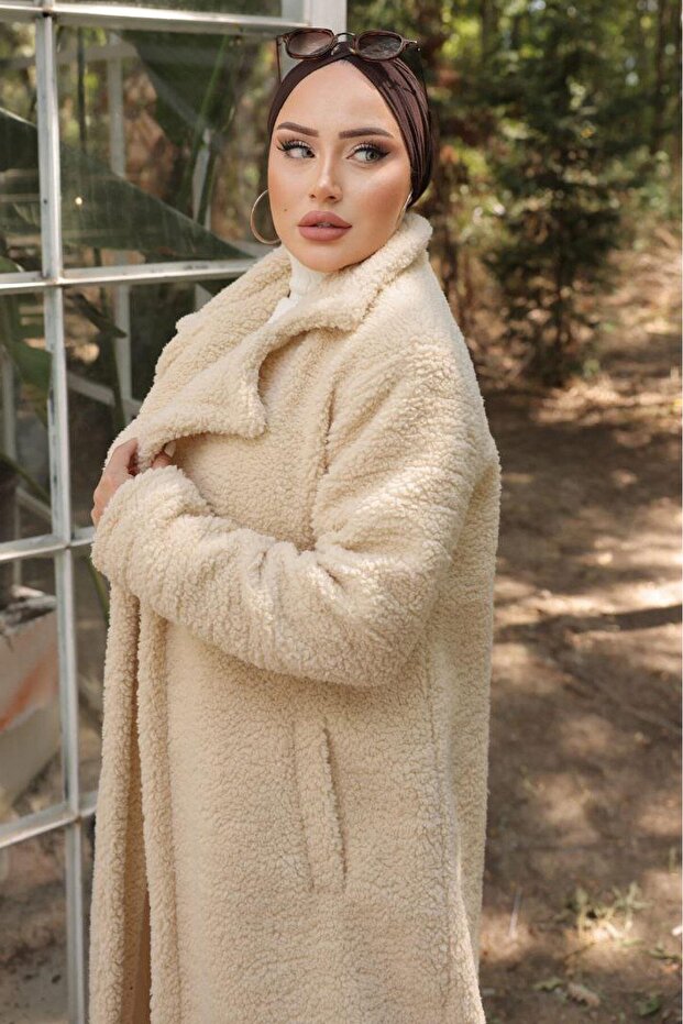 Krémszínű plüsskabát - Fleto Pocket, HM2506 modell - 5