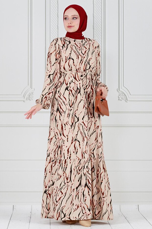 Beige Viscose Dress - Ruffle Skirt and Belted Waist Design