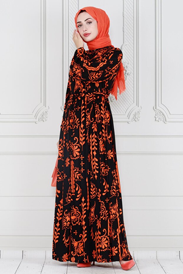 Authentic Half-Buttoned Viscon Dress-Orange - 3