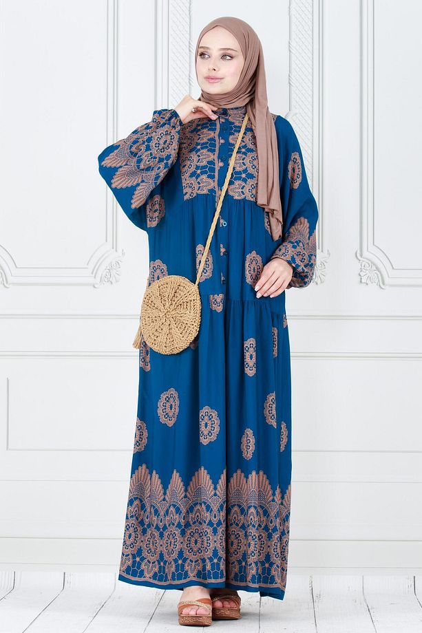 Motif Desen Robalı Viscon Tesettür Elbise-Mavi - 4