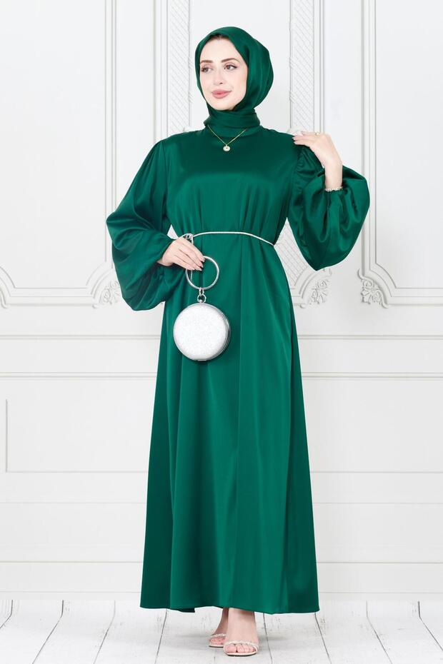 Balloon Sleeve Waist Drawstring Stone Detailed Ece Evening Dress-Emerald Green
