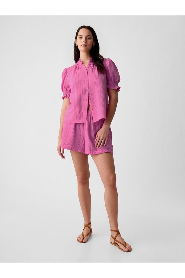 Kadın Pembe Crinkle Gauze Pull-On Şort - 5
