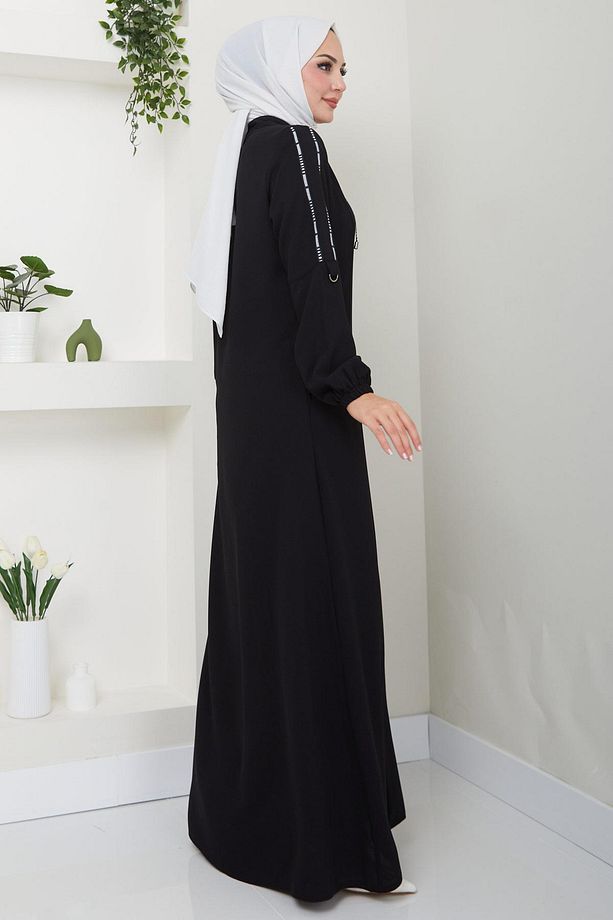 Şeritli Spor Ferace Siyah HM2483 - 5