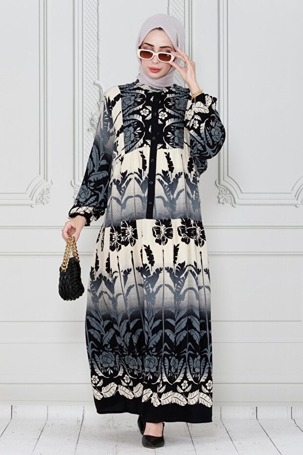 Leaf Printed Viscon Dress-Black