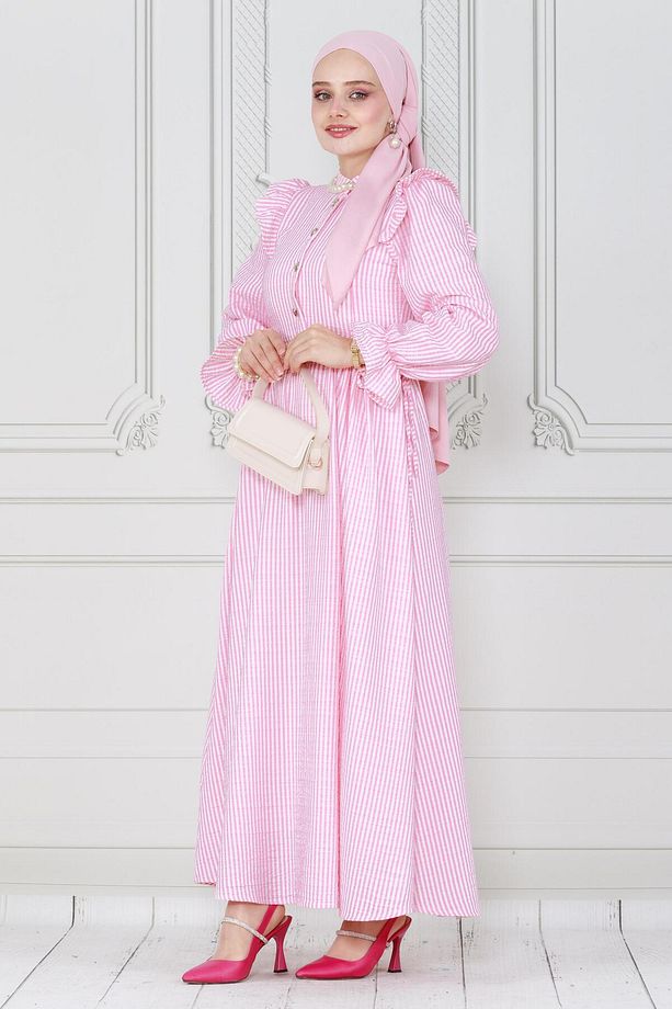 Pötükare Fırfır Detaylı Eda Elbise-Pembe - 4