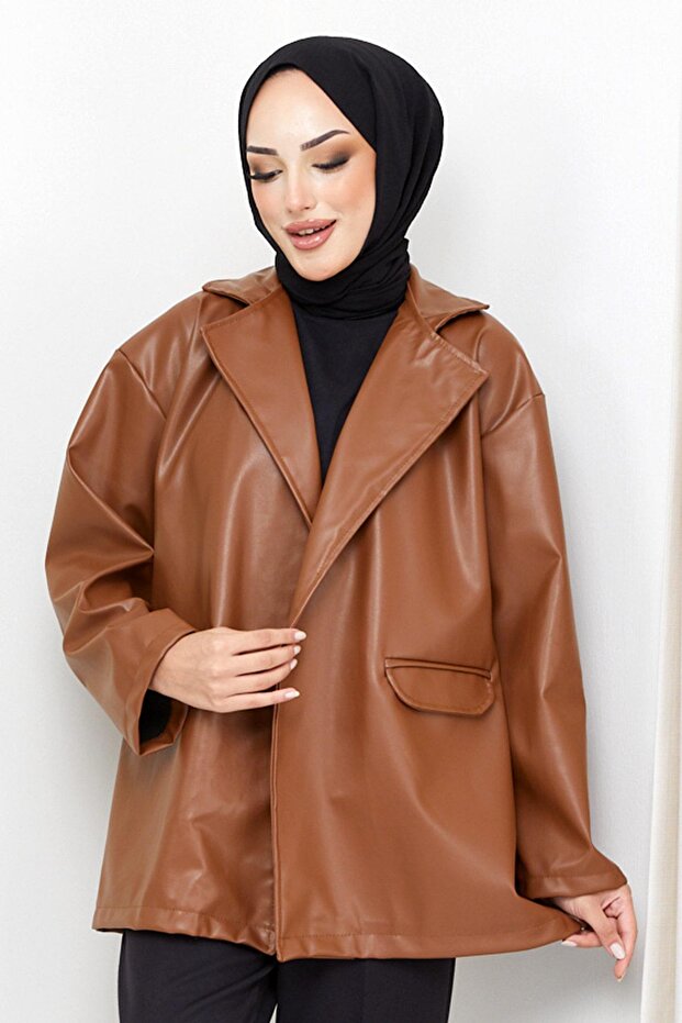 Oversize Deri Ceket Taba HM2338 - 5