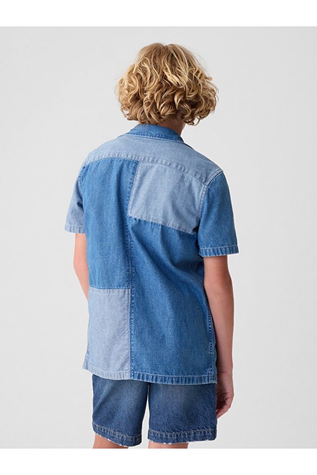 Erkek Çocuk Mavi Patchwork Denim Gömlek - 4