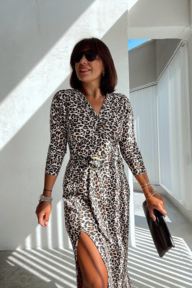 Leopar Drapeli Elbise - 4