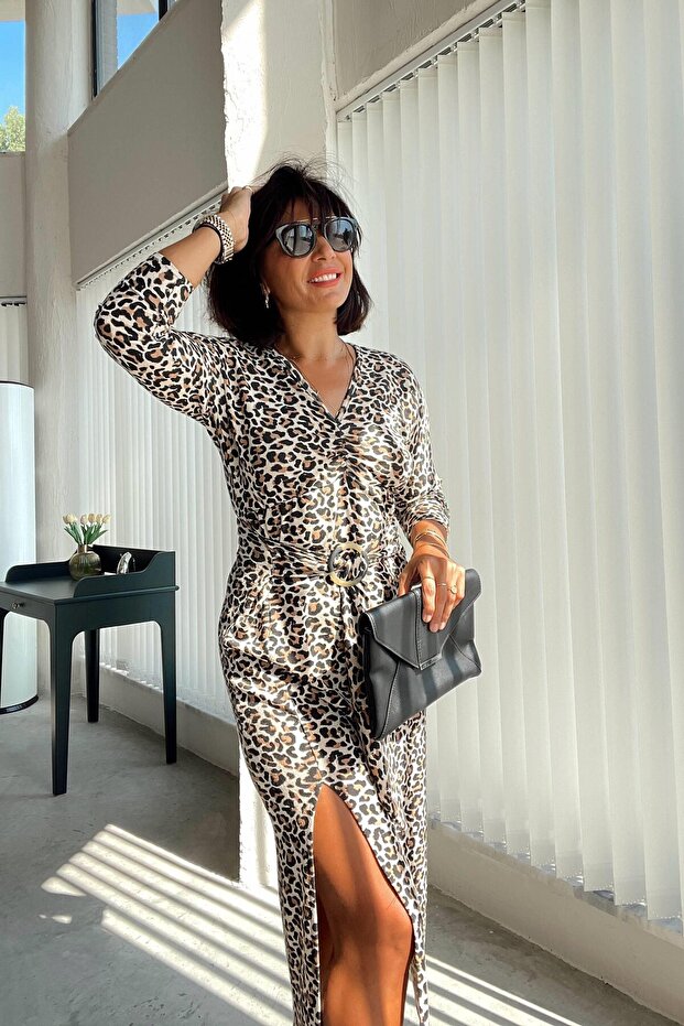 Leopar Drapeli Elbise - 3