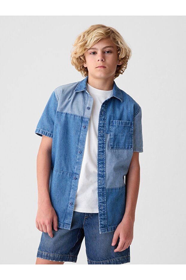 Erkek Çocuk Mavi Patchwork Denim Gömlek - 1