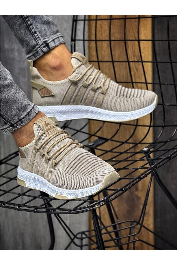 Erkek Bağcıklı Triko Spor Ayakkabı-Bej-Camel - 1