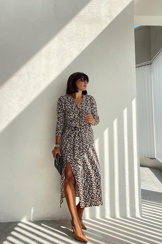 Leopar Drapeli Elbise - 1