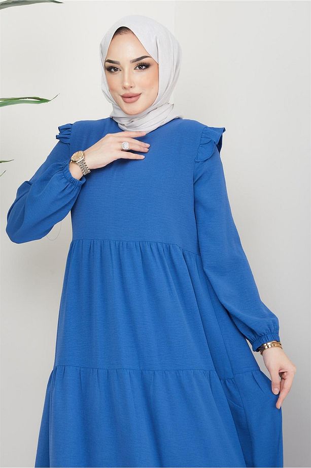 Omuzu Fırfırlı Ayrobin Tesettür Elbise İndigo - 2