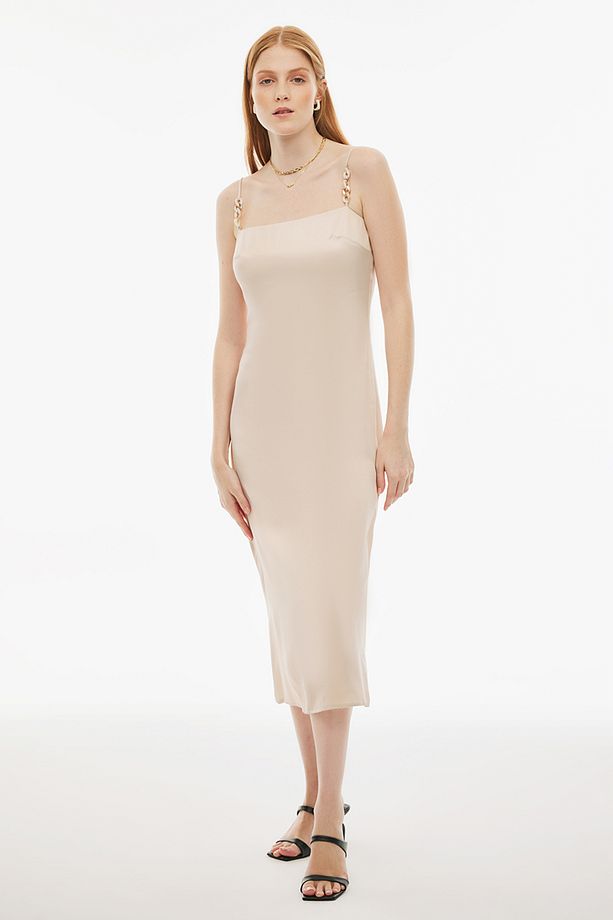 Clarys Regular Fit Askılı Bej Renk Elbise - 2