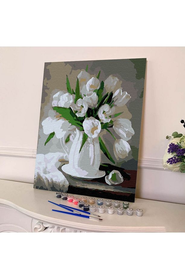 Sayılarla Boyama Seti 40 x 50 cm Tuval Şasesine Gerili Beyaz Çiçekler - 4