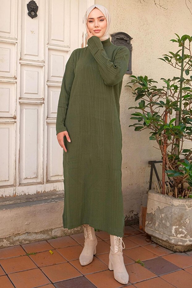 Fitilli Triko Elbise Haki HM2247 - 6