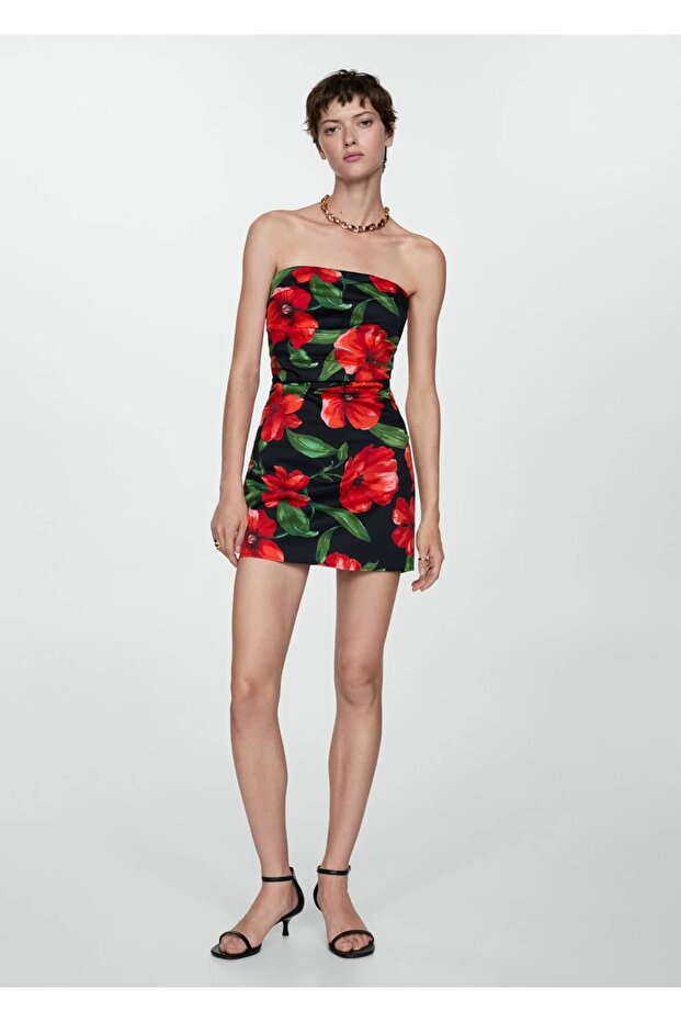 Çiçekli Straplez Elbise - 2