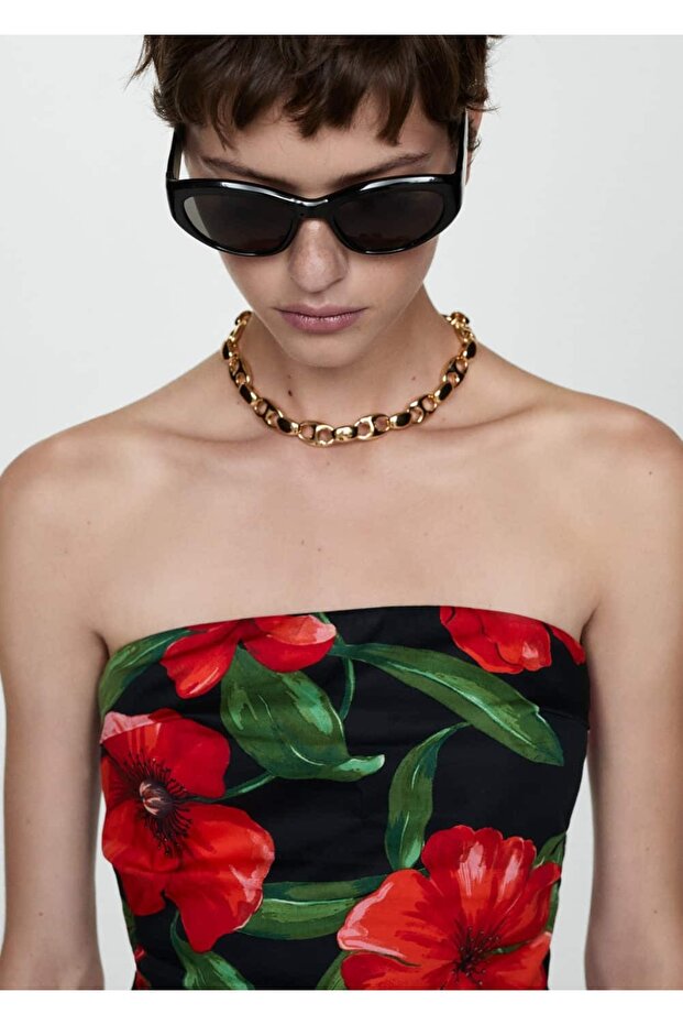 Çiçekli Straplez Elbise - 7