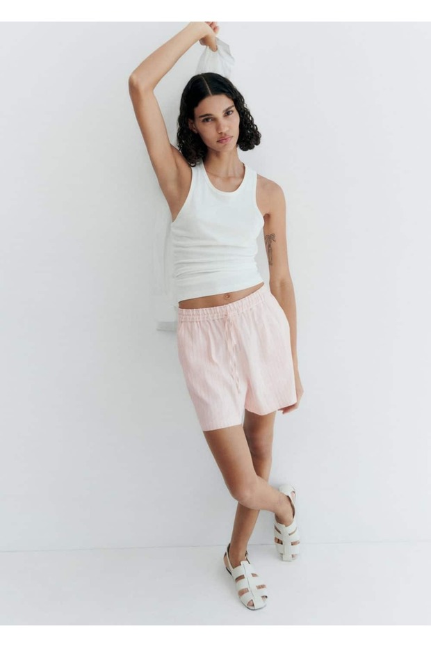 Çizgili keten şort - 5