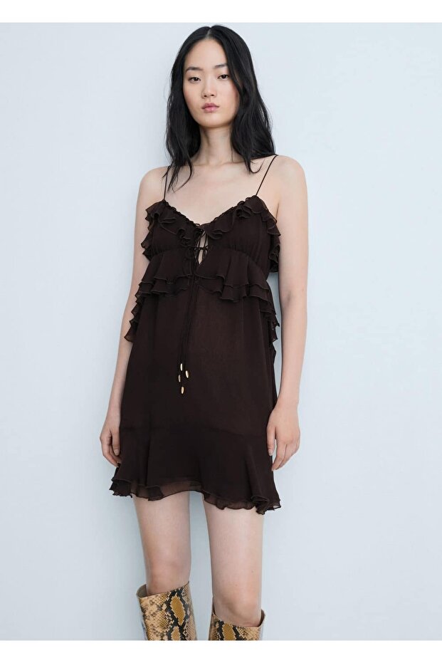 Volanlı askılı şifon elbise - 1