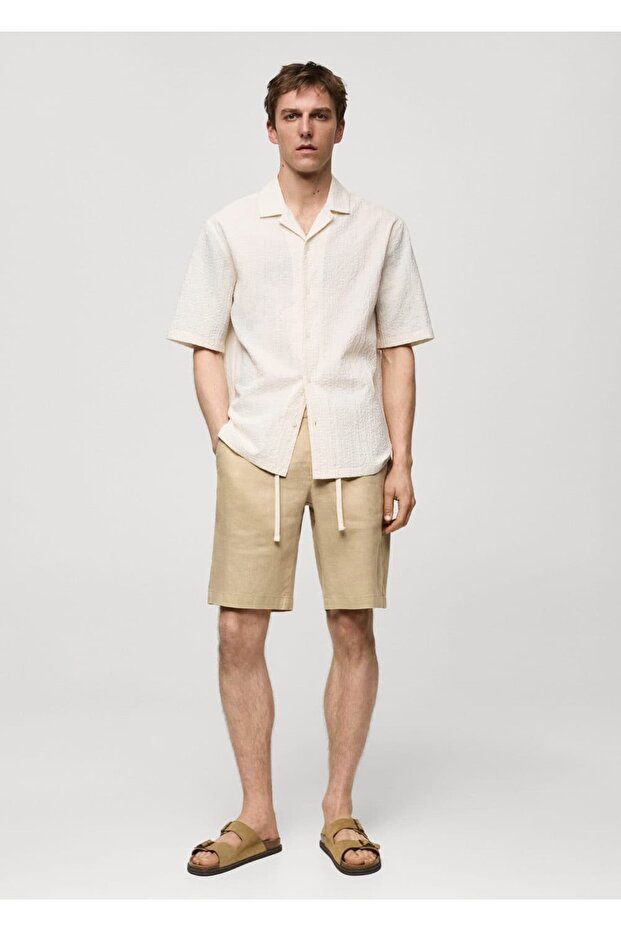 %100 keten beli büzgü ipli bermuda şort - 2