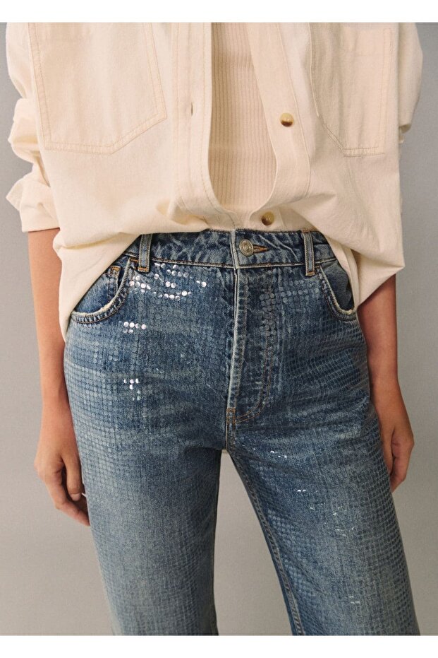 Yırtmaçlı Pullu Jean Pantolon - 7