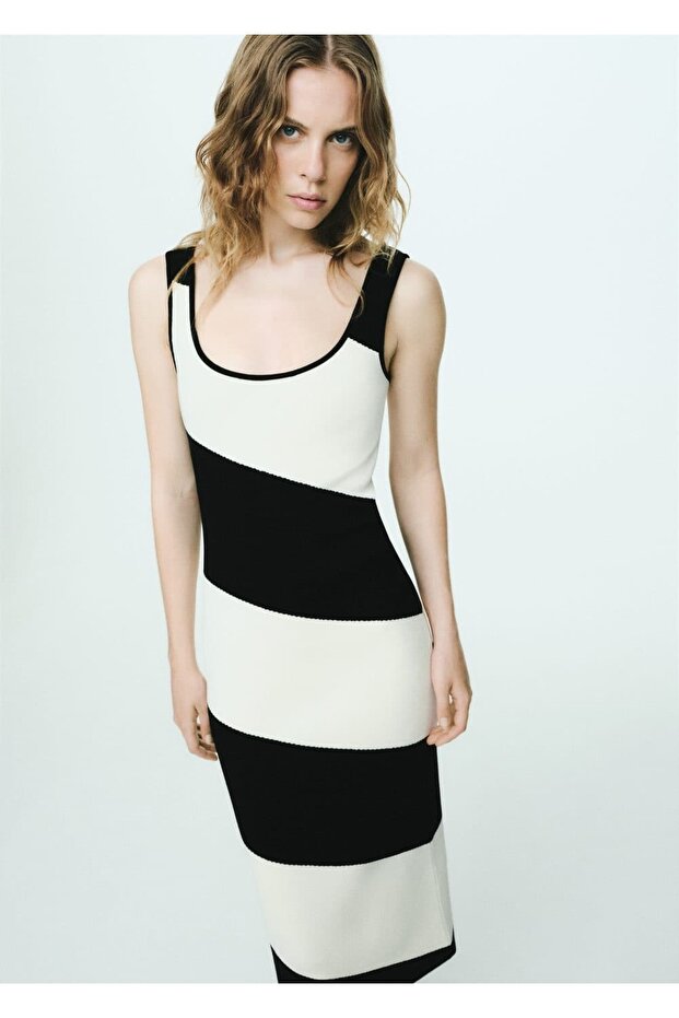 Çizgili midi triko elbise - 7