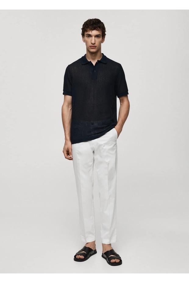 Normal geschnittenes, durchbrochenes Strickpoloshirt - 2