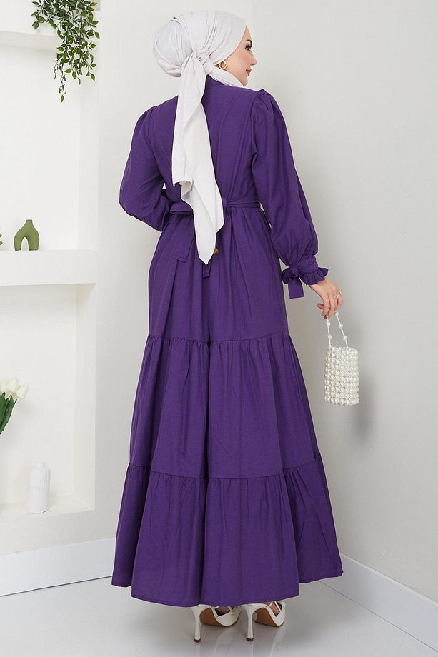 Önü Fırfırlı Kolu Bağlamalı Elbise Mor HM2078 - 5