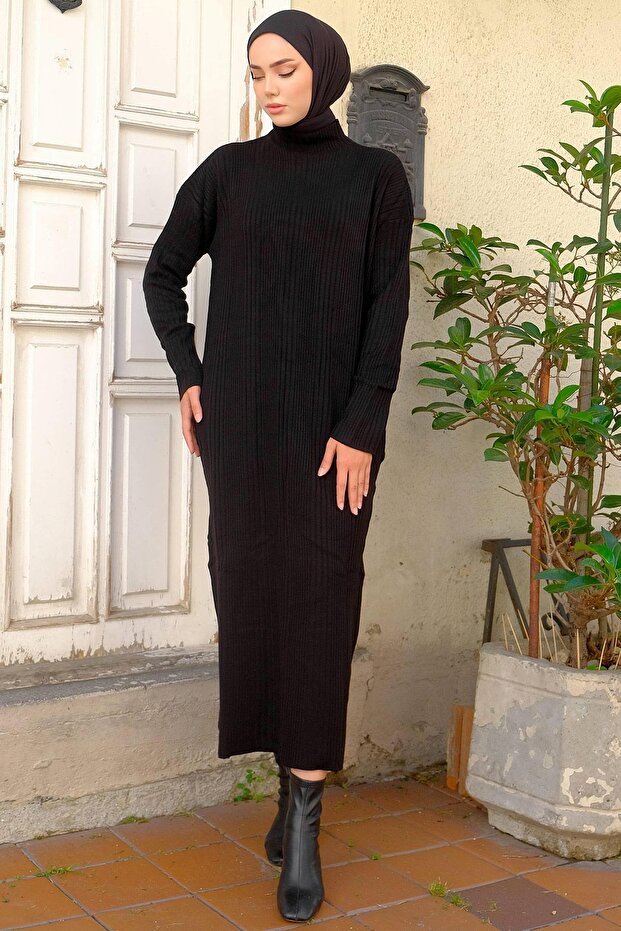 Fitilli Triko Elbise Siyah HM2247 - 5