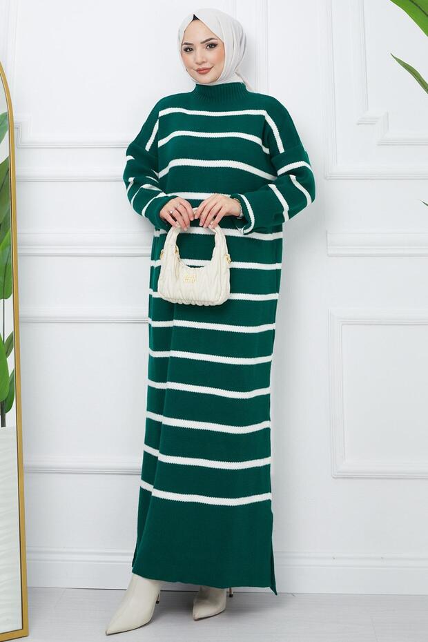 Turtleneck Striped Knitwear Dress Emerald Green HM2340