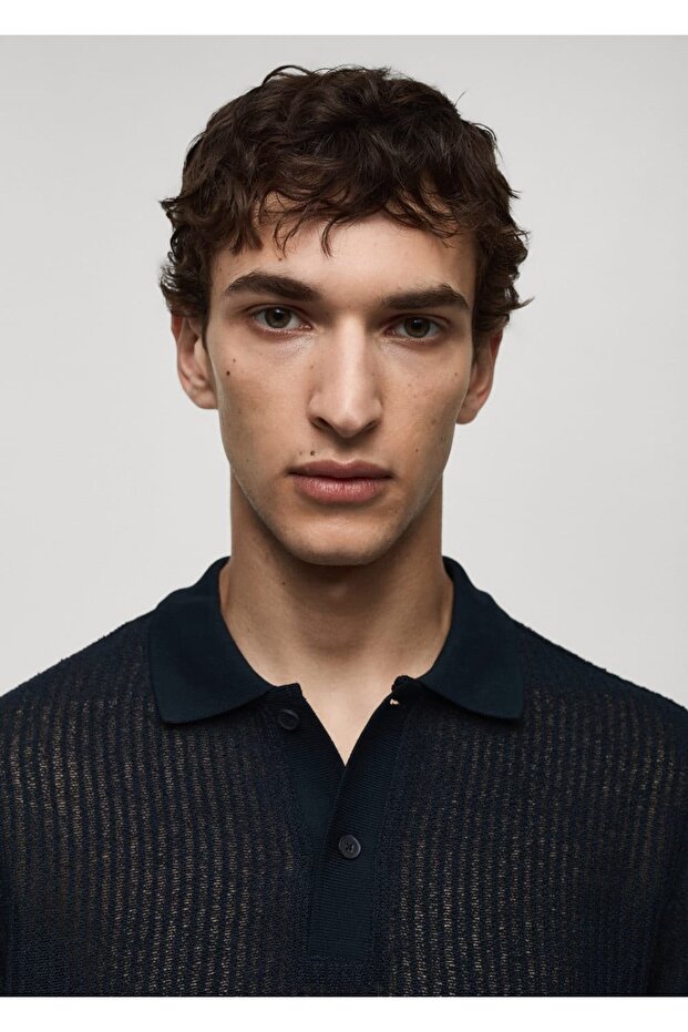Normal geschnittenes, durchbrochenes Strickpoloshirt - 5