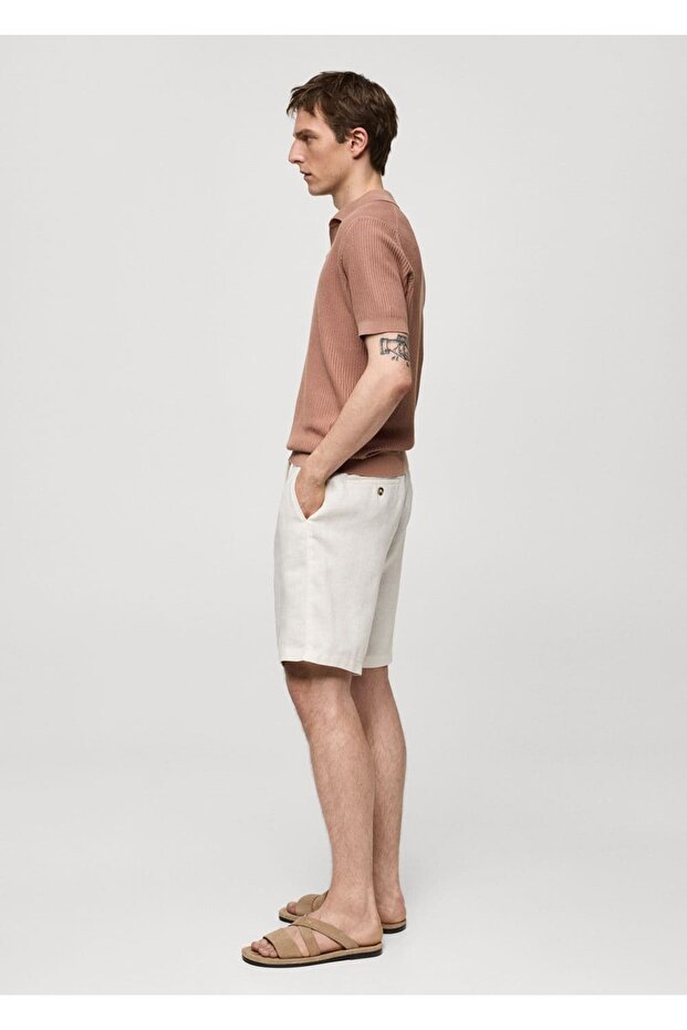 %100 keten beli büzgü ipli bermuda şort - 6