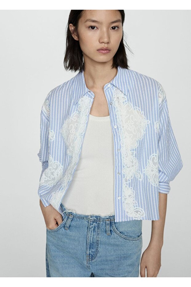 İşlemeli çizgili gömlek - 1