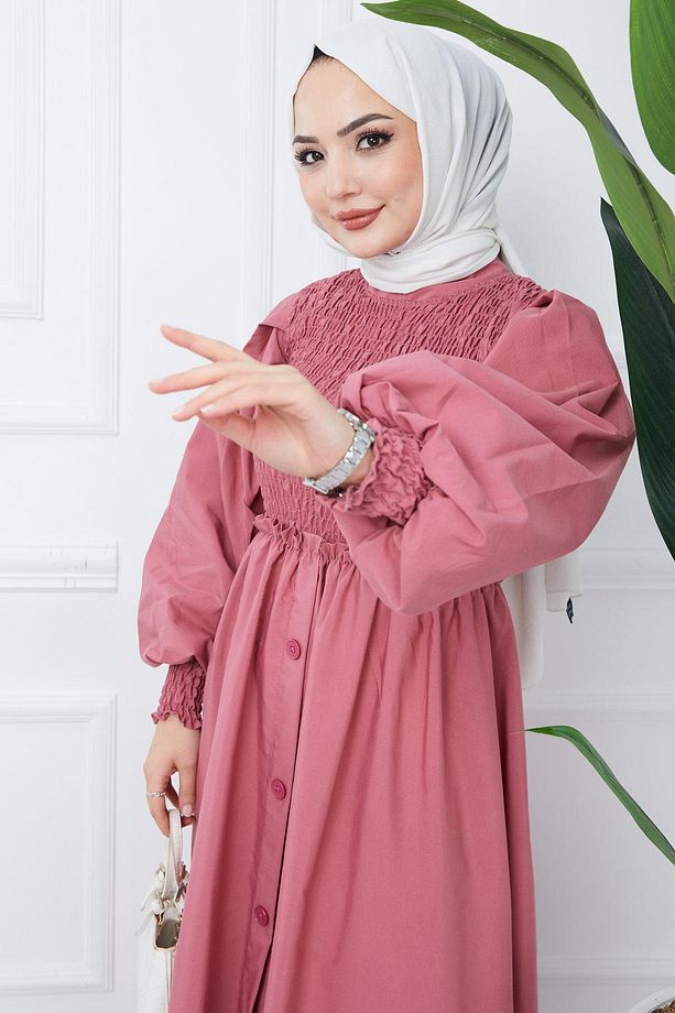 Gipe Detaylı Süs Düğmeli Mevlana Elbise Gül Kurusu Hm2356 - 7