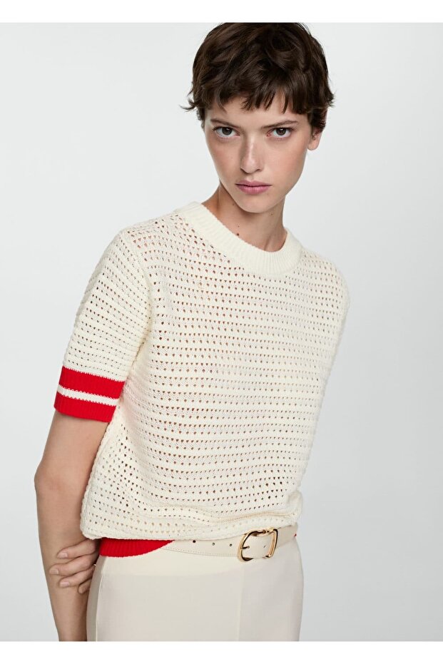 Çizgili ve ajurlu kazak - 1