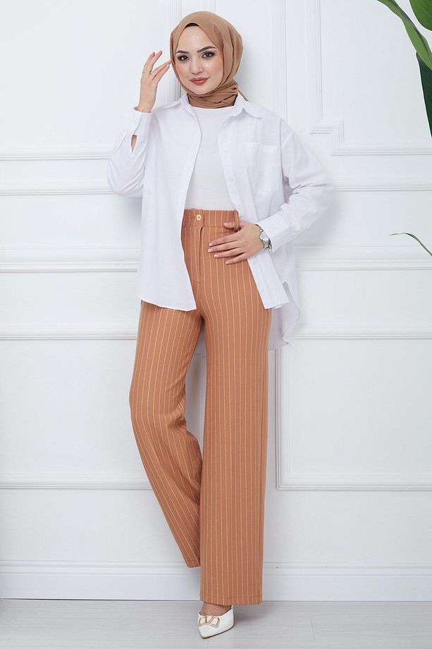 Çizgili Bol Paça Krep Pantolon Camel HM2355 - 1