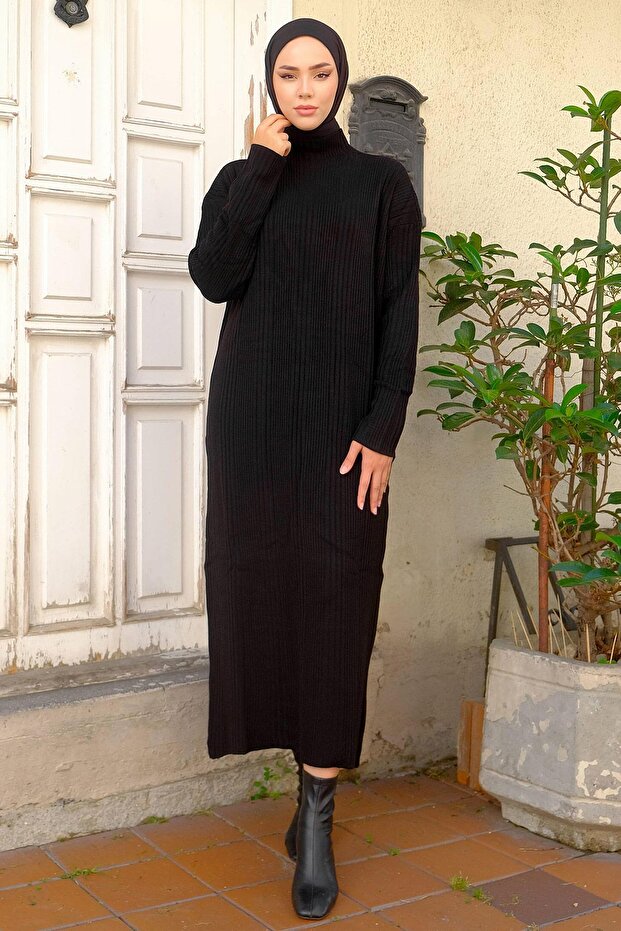 Fitilli Triko Elbise Siyah HM2247 - 1