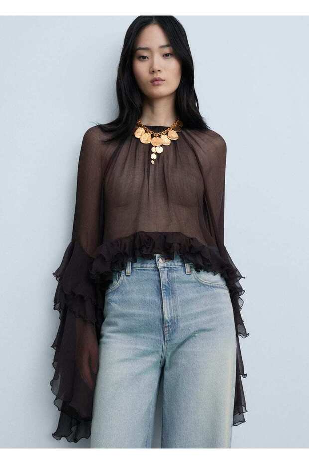 Volanlı şifon kısa bluz - 1