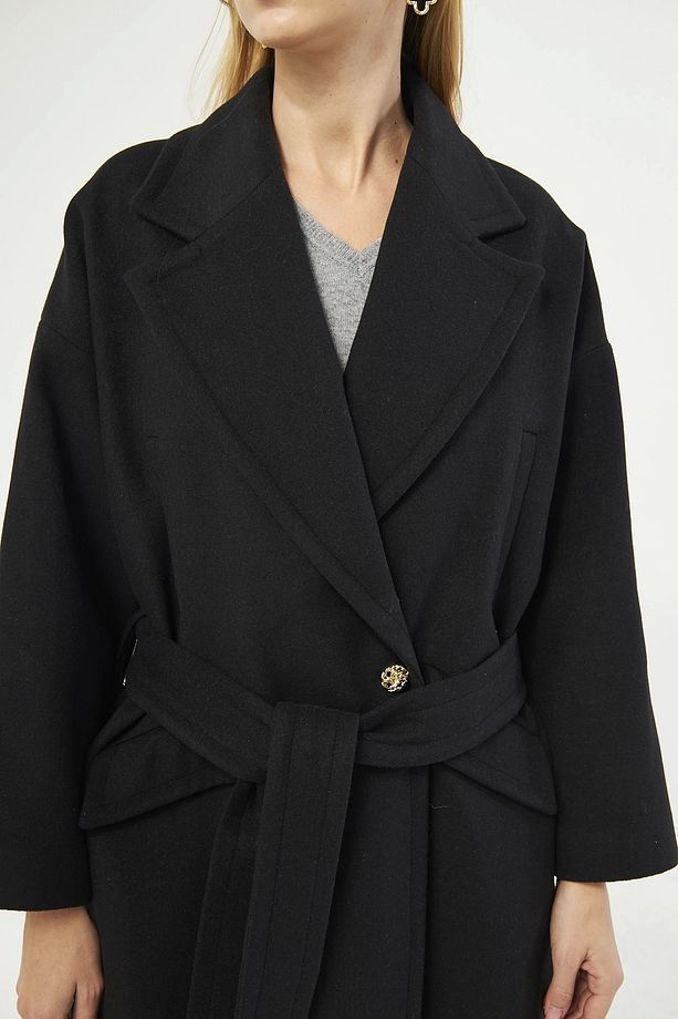 Erkek Yaka Oversize Siyah Kadın Kaban - 4