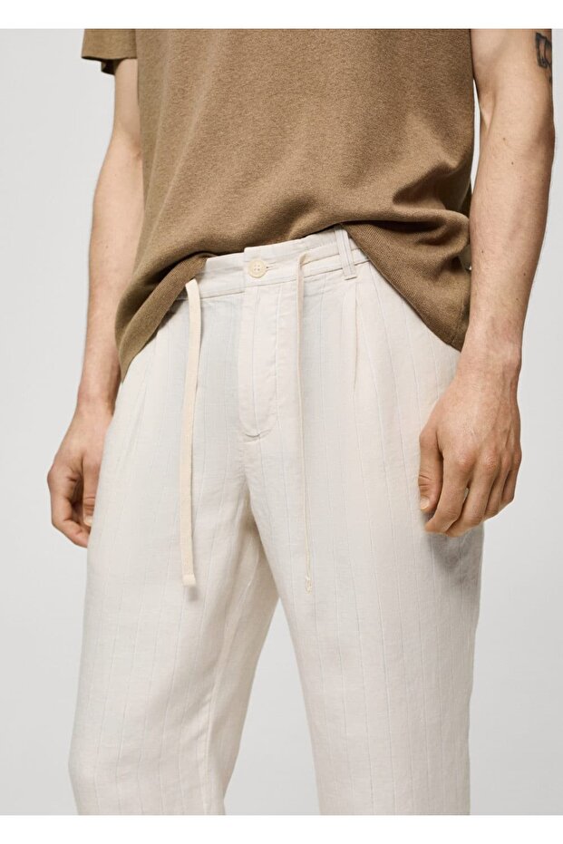100% Linen Striped Drawstring Pants - 8