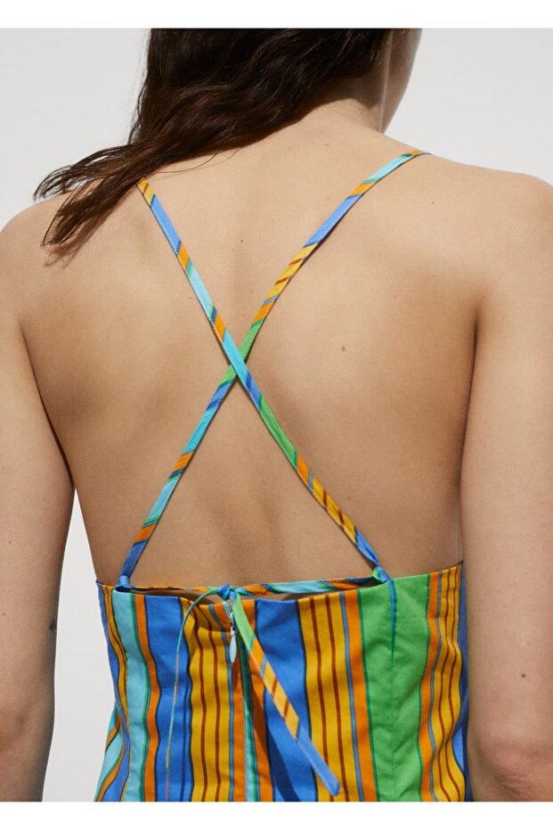 Çizgi desenli halter yaka elbise - 7