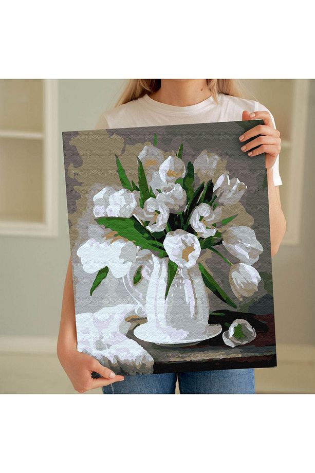 Sayılarla Boyama Seti 40 x 50 cm Tuval Şasesine Gerili Beyaz Çiçekler - 5