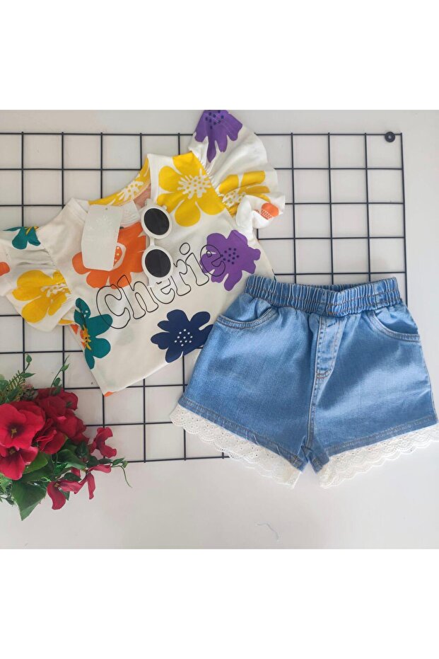 Floral Patterned Suit with Denim Shorts