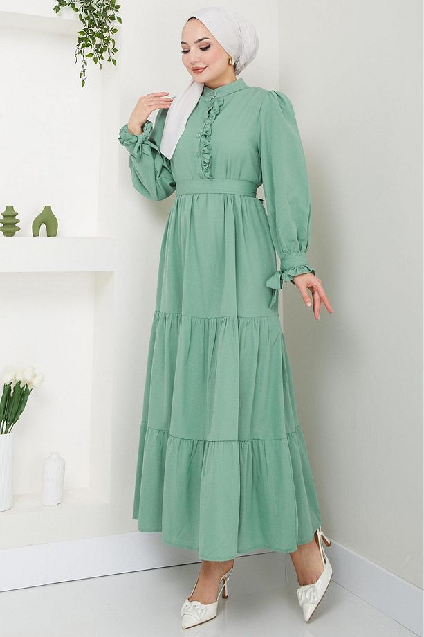 Önü Fırfırlı Kolu Bağlamalı Elbise Mint HM2078 - 6