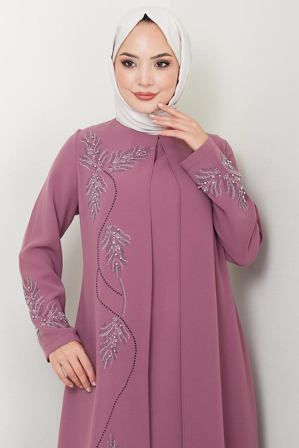 Büyük Beden Yaprak Taşlı Anne Elbisesi Gül Kurusu HM2350 - 3