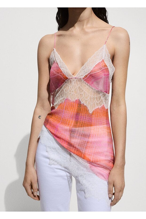 Desenli dantel bluz - 1