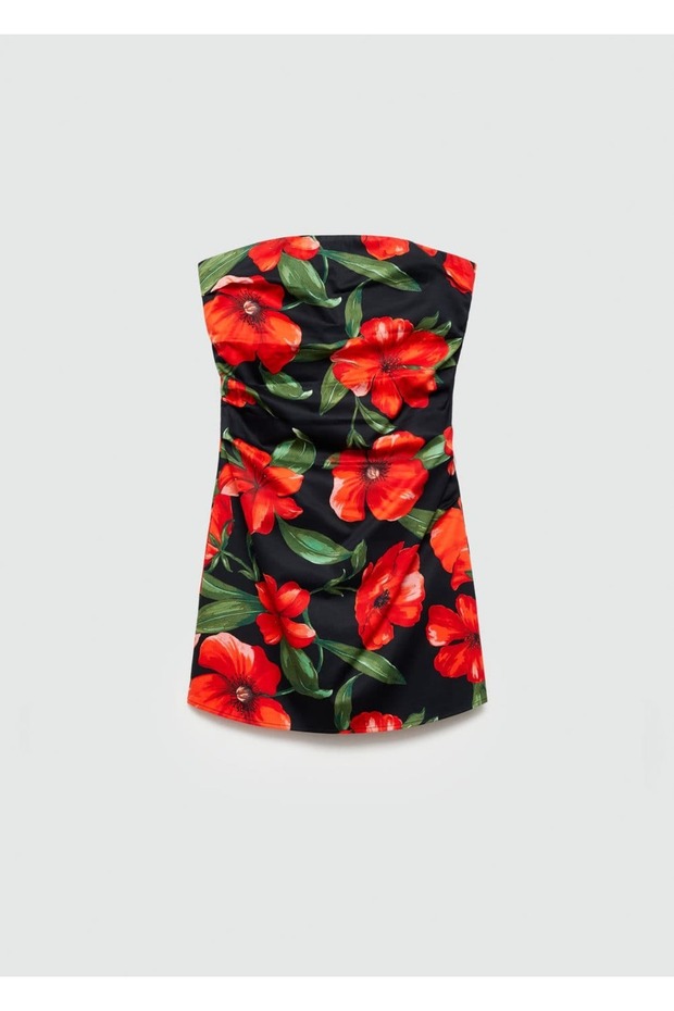 Çiçekli Straplez Elbise - 3